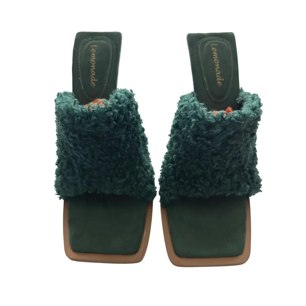 Lemonade Sunny Green Faux Fur Mules Open-Toe Slip On 5” Cylinder Heel Size 7.5 - Picture 5 of 9